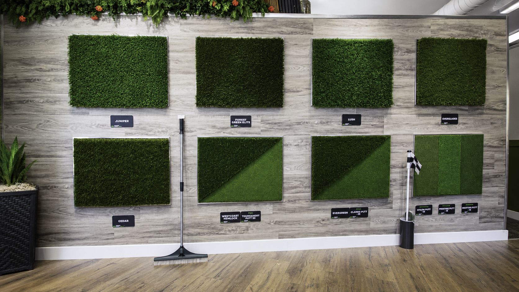 Premium Grass Blades showroom interior in Maple Ridge with turf samples on display