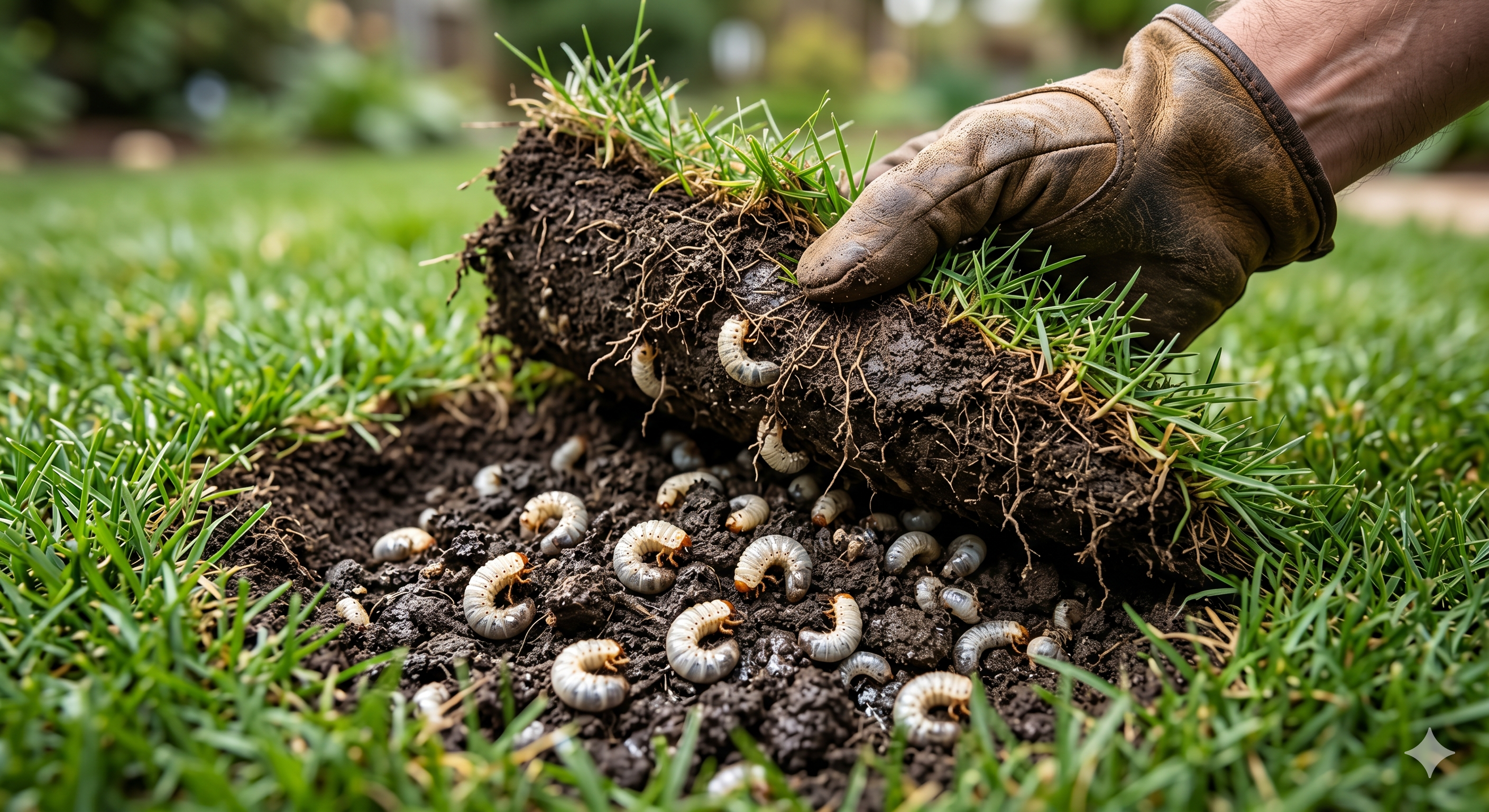 Close-up of lawn peeled back revealing white C-shaped grubs in the soil